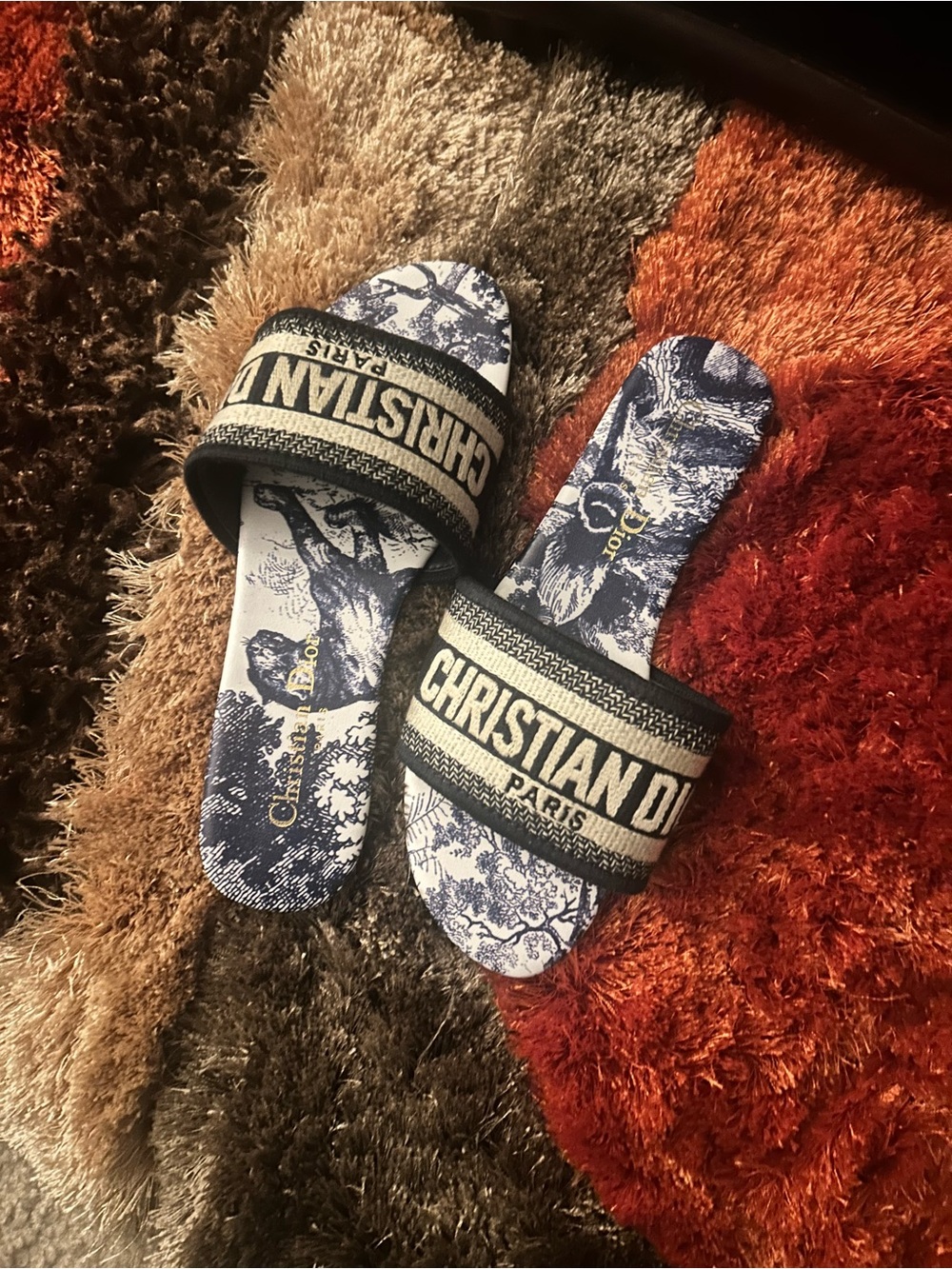 Dior Navy and White Toile Logo Slide Sandals - Picture 4 of 5